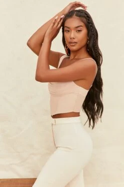 Cowl Neck Mesh Crop Top In Beige -Sway Line Zone 3744 6 turning point beige mesh gathered ruched bust crop top
