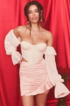 Satin Frill Mini Skirt In Blush -Sway Line Zone 3987 2 alluring blush valentines off shoulder balloon sleeve bust flattering corset crop top