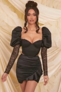 Satin Frill Mini Skirt In Black 17 Satin Frill Mini Skirt In Black -Sway Line Zone 3987 4108 4 alluring somebody to love black valentines balloon sleeve lace corset crop top high waist gathered mini skirt 1