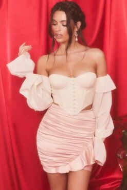 Satin Frill Mini Skirt In Blush -Sway Line Zone 3987 5 alluring blush valentines off shoulder balloon sleeve bust flattering corset crop top
