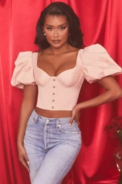 Short Puff Sleeve Corset Crop Top In Blush -Sway Line Zone 4112 3 heavenly blush bust flattering short puff sleeve eyelet corset style crop top 1