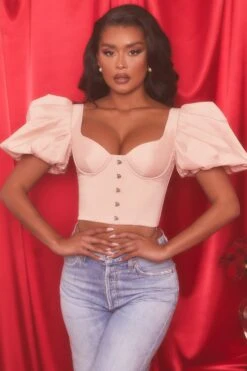 Short Puff Sleeve Corset Crop Top In Blush -Sway Line Zone 4112 4 heavenly blush bust flattering short puff sleeve eyelet corset style crop top 1