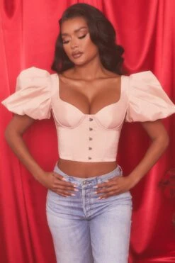 Short Puff Sleeve Corset Crop Top In Blush -Sway Line Zone 4112 5 heavenly blush bust flattering short puff sleeve eyelet corset style crop top 1