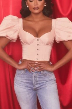 Short Puff Sleeve Corset Crop Top In Blush -Sway Line Zone 4112 6 heavenly blush bust flattering short puff sleeve eyelet corset style crop top 1