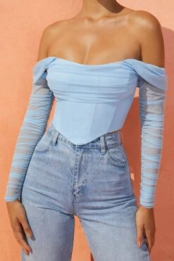 Mesh Bardot Crop Top In Light Blue 17 Mesh Bardot Crop Top In Light Blue -Sway Line Zone 4169 5 show it off light blue bust flattering cowl neck mesh long sleeve off shoulder structured crop top