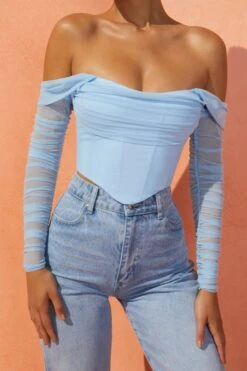 Mesh Bardot Crop Top In Light Blue 16 Mesh Bardot Crop Top In Light Blue -Sway Line Zone 4169 7 show it off light blue bust flattering cowl neck mesh long sleeve off shoulder structured crop top