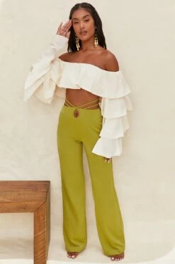 Cut Out Wide Leg Trousers In Olive -Sway Line Zone 4195 1 desert breeze olive wide leg strap detail back tie trousers 4