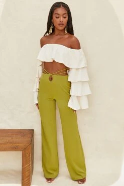 Cut Out Wide Leg Trousers In Olive -Sway Line Zone 4195 2 desert breeze olive wide leg strap detail back tie trousers 4