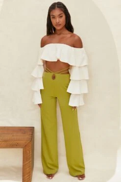 Cut Out Wide Leg Trousers In Olive -Sway Line Zone 4195 3 desert breeze olive wide leg strap detail back tie trousers 4