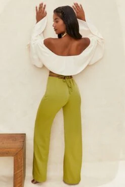 Cut Out Wide Leg Trousers In Olive -Sway Line Zone 4195 8 desert breeze olive wide leg strap detail back tie trousers 4