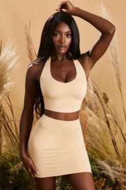 Bodycon Mini Skirt In Beige -Sway Line Zone 4239 4236 2 on the down low beige halter neck top bodycon mini skirt