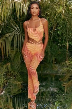 Tall Printed Mesh Flared Trousers In Orange -Sway Line Zone 4310 1 match it up orange abstract print halter neck crop top cut out sheer flares 3