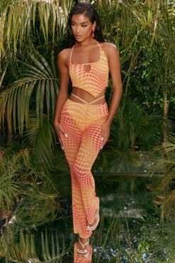 Tall Printed Mesh Flared Trousers In Orange -Sway Line Zone 4310 2 match it up orange abstract print halter neck crop top cut out sheer flares 3