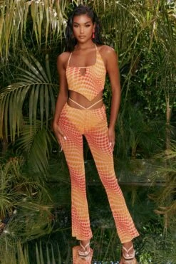Tall Printed Mesh Flared Trousers In Orange -Sway Line Zone 4310 3 match it up orange abstract print halter neck crop top cut out sheer flares 3