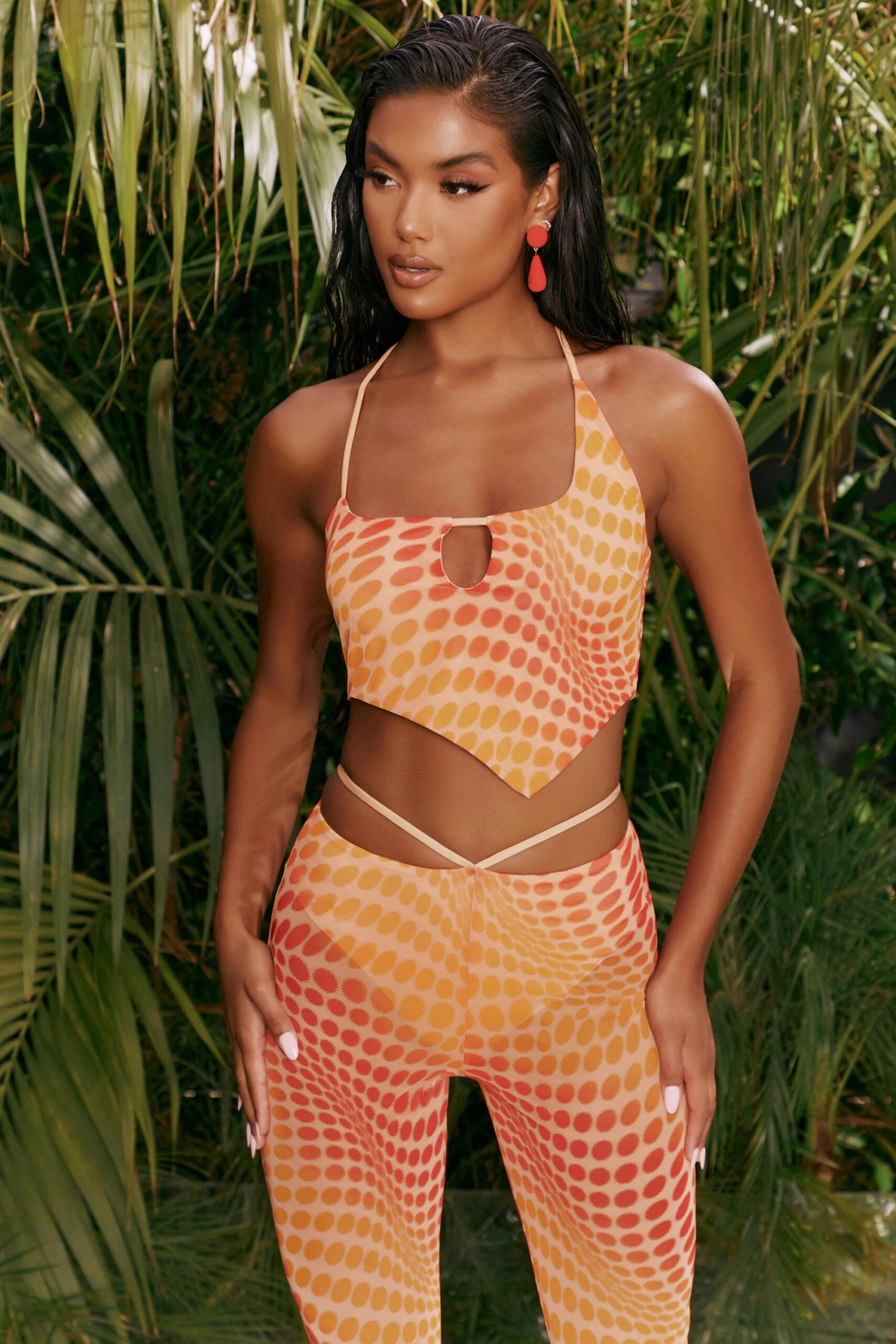 Printed Mesh Crop Top In Orange 4 Printed Mesh Crop Top In Orange - Image 4