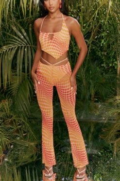 Printed Mesh Crop Top In Orange 16 Printed Mesh Crop Top In Orange -Sway Line Zone 4310 6 match it up orange abstract print halter neck crop top cut out sheer flares