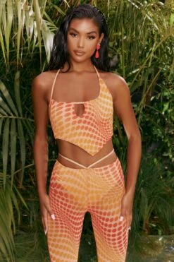 Printed Mesh Crop Top In Orange