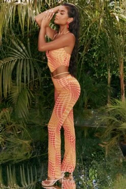 Tall Printed Mesh Flared Trousers In Orange -Sway Line Zone 4310 9 match it up orange abstract print halter neck crop top cut out sheer flares 3