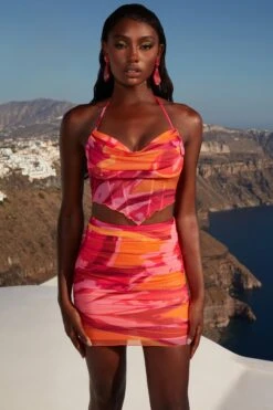 Ruffle Hem Mesh Corset Top In Pink Print 17 Ruffle Hem Mesh Corset Top In Pink Print -Sway Line Zone 4360 4 ripple effect pink print corset top ruched miniskirt 1