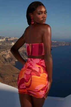 Ruffle Hem Mesh Corset Top In Pink Print 13 Ruffle Hem Mesh Corset Top In Pink Print -Sway Line Zone 4360 7 ripple effect pink print corset top ruched miniskirt 1