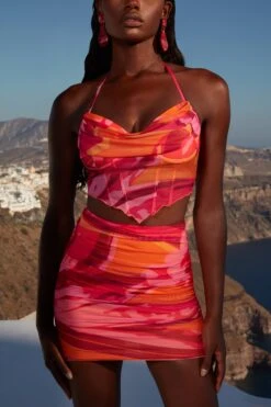 Ruffle Hem Mesh Corset Top In Pink Print 19 Ruffle Hem Mesh Corset Top In Pink Print -Sway Line Zone 4360 8 ripple effect pink print corset top ruched miniskirt 1