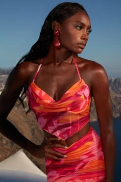 Ruffle Hem Mesh Corset Top In Pink Print 18 Ruffle Hem Mesh Corset Top In Pink Print -Sway Line Zone 4360 9 ripple effect pink print corset top ruched miniskirt 1