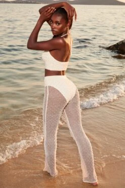 Tall Beaded Flare Trousers In Ivory -Sway Line Zone 4370 10 sheer for you ivory pearl embelllished cut out crop top sheer beach trousers 1 3