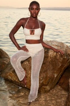 Tall Beaded Flare Trousers In Ivory -Sway Line Zone 4370 11 sheer for you ivory pearl embelllished cut out crop top sheer beach trousers 1 3