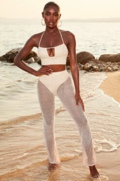 Tall Beaded Flare Trousers In Ivory -Sway Line Zone 4370 1 sheer for you ivory pearl embelllished cut out crop top sheer beach trousers 1 2