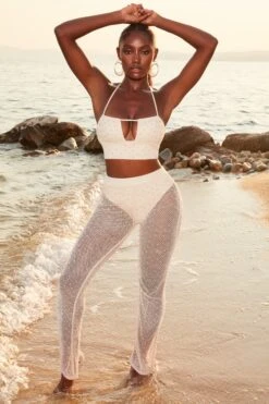 Tall Beaded Flare Trousers In Ivory