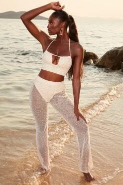 Tall Beaded Flare Trousers In Ivory -Sway Line Zone 4370 3 sheer for you ivory pearl embelllished cut out crop top sheer beach trousers 1 2