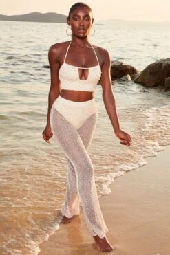 Tall Beaded Flare Trousers In Ivory -Sway Line Zone 4370 4 sheer for you ivory pearl embelllished cut out crop top sheer beach trousers 2