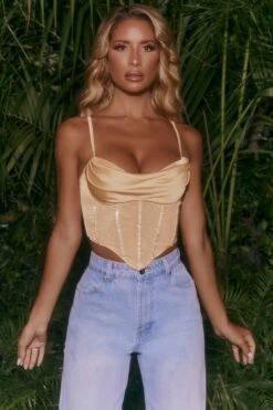 Embellished Draped Corset Crop Top In Beige 17 Embellished Draped Corset Crop Top In Beige -Sway Line Zone 4500 2 patience beige strappy bust flattering embellished mesh satin corset crop top 1