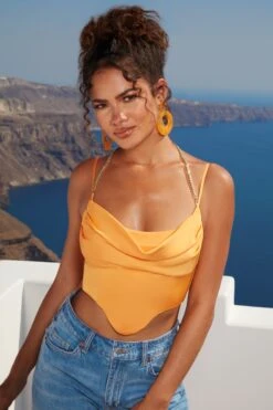 High Tide Halter Chain Crop Top In Orange -Sway Line Zone 4529 1 high tide orange waterfall draped chain detailing satin crop top 1