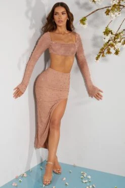 Embellished Cowl Neck Crop Top In Beige 21 Embellished Cowl Neck Crop Top In Beige -Sway Line Zone 4558 4567 6 LaDesirade Bordeaux Beige Embellished Crop Top Maxi Skirt