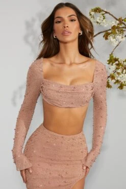 Embellished Cowl Neck Crop Top In Beige 16 Embellished Cowl Neck Crop Top In Beige -Sway Line Zone 4558 4567 7 LaDesirade Bordeaux Beige Embellished Crop Top Maxi Skirt
