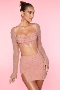 High Waist Thigh Split Mini Skirt In Rose 11 High Waist Thigh Split Mini Skirt In Rose -Sway Line Zone 4558 5591 4 La Desirade Bellelle Rose Embellished Long Sleeve Top Mini Skirt