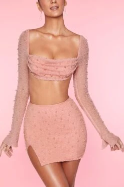 High Waist Thigh Split Mini Skirt In Rose 10 High Waist Thigh Split Mini Skirt In Rose -Sway Line Zone 4558 5591 5 La Desirade Bellelle Rose Embellished Long Sleeve Top Mini Skirt