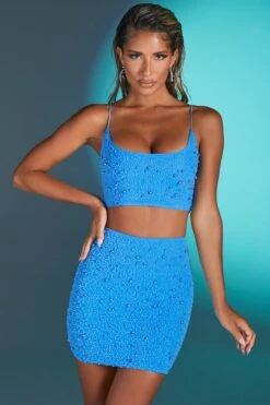 Embellished Mesh Mini Skirt In Blue