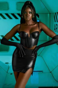 Faux Leather Corset Top In Black -Sway Line Zone 4586 4724 4 something new black faux leather corset top mini skirt