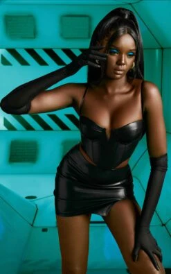 Faux Leather Corset Top In Black -Sway Line Zone 4586 4724 7 something new black faux leather corset top mini skirt