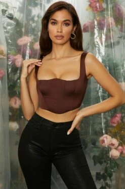Curved Bust Bustier Crop Top In Brown -Sway Line Zone 4714 3 beloved brown satin corset crop top 1