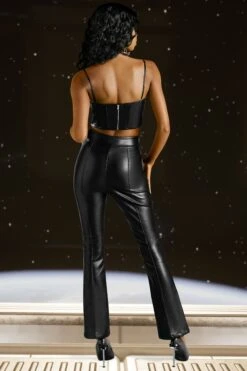 Faux Leather Flare Trousers In Black -Sway Line Zone 4725 7 walk away black faux leather flared trousers 2