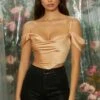 Off The Shoulder Cowl Neck Corset Crop Top In Beige