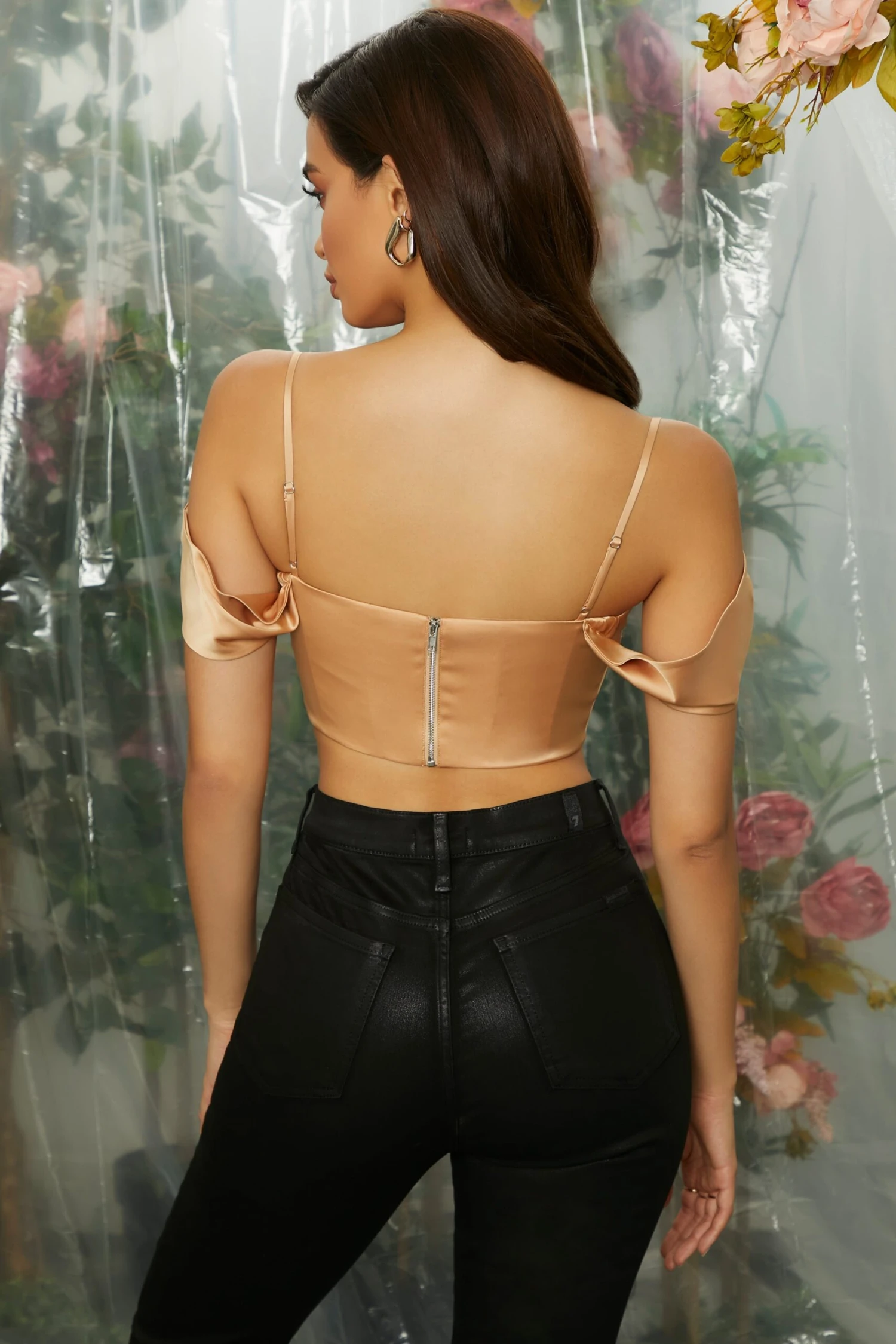 Off The Shoulder Cowl Neck Corset Crop Top In Beige 2 Off The Shoulder Cowl Neck Corset Crop Top In Beige - Image 2