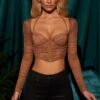 Long Sleeve Corset Crop Top In Brown