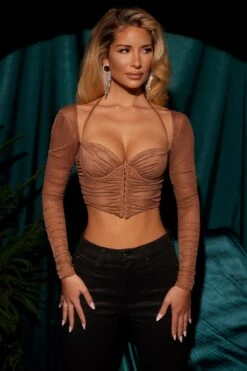 Long Sleeve Corset Crop Top In Brown 15 Long Sleeve Corset Crop Top In Brown -Sway Line Zone 4794 3 noelle brown long sleeve gathered corset 2