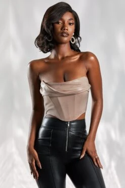 Strapless Bustier In Taupe -Sway Line Zone 4970 4 morning kisses taupe cowl neck corset top