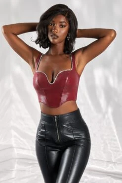 Corset Top In Burgundy -Sway Line Zone 4974 1 day dream burgundy embellished plunge faux leather crop top 1