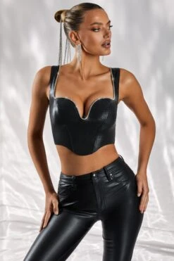 Corset Top In Black -Sway Line Zone 4974 7 day dream black embellished plunge faux leather crop top 1